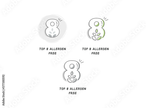 Big 8 free, common allergen-free, allergy-friendly, allergen-free products, major allergen free, top allergen-free, allergen-free food, free from the Big 8 allergens, allergy safe vector line icons