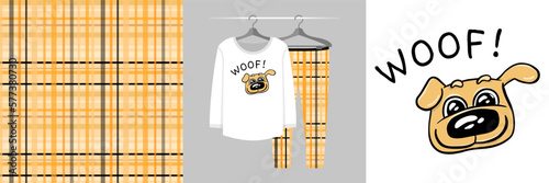 Seamless pattern and illustration set with company of cute funny dog, text Woof! Baby design pajamas, background for apparel, room decor, tee prints, baby shower, fabric design, wrapping