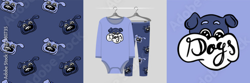 Seamless pattern and illustration set with puppy hides behind a sign with text Dogs on a light blue background. Baby design pajamas, background for apparel, room decor, tee prints, fabric design