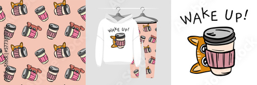 Seamless pattern and illustration set with cat hiding behind a cup of coffee, text Wake Up!. Baby design pajamas, background for apparel, room decor, tee prints, baby shower, fabric design, wrapping
