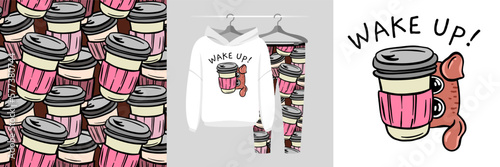 Seamless pattern and illustration set with dog hiding behind a cup of coffee, text Wake Up!. Baby design pajamas, background for apparel, room decor, tee prints, baby shower, fabric design, wrapping