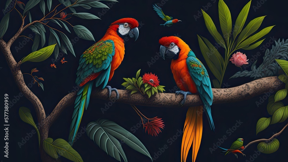 Fototapeta premium Illustration of a tropical rainforest with parrots