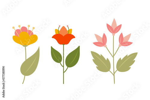 Set of three cartoon bright flowers. Botanical elements. Hand drawn grass. Floral Herb Design elements. Spring botanical vector illustration