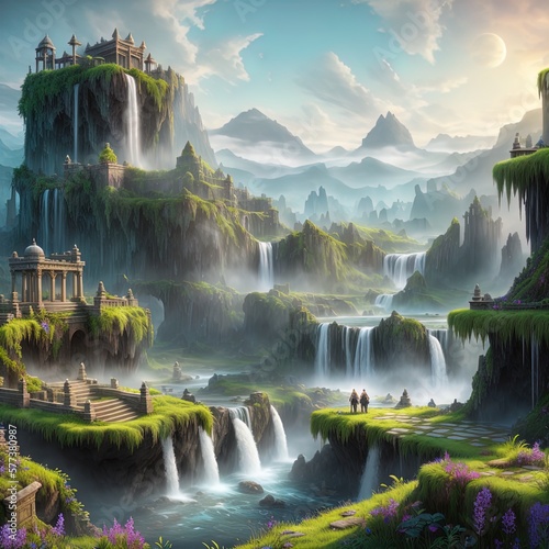 A fantasy city, in the mountains, with cascading waterfalls. 