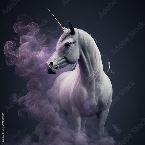 Unicorn in smoke. Unicorn with smoke on a dark background. Mythical creature. Generative AI. © Ann