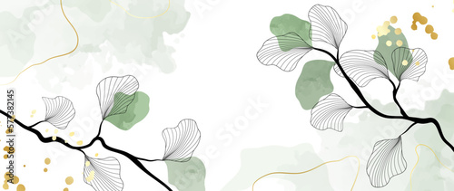 Abstract botanical watercolor background vector. Green ginkgo leaves and botanical lines. Watercolor golden wallpaper design for cover, packaging, fabric, prints.