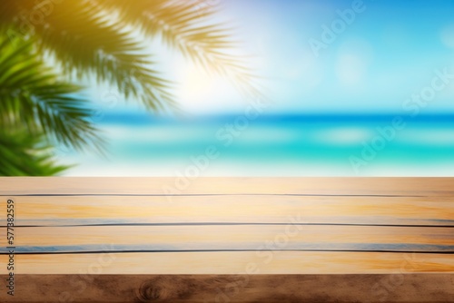 Top of wood table with seascape and palm leaves blur  nature  sea   ocean  Generative AI