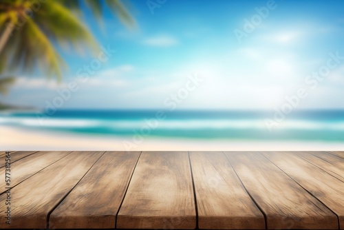 Top of wood table with seascape and palm leaves blur, nature, sea & ocean, Generative AI