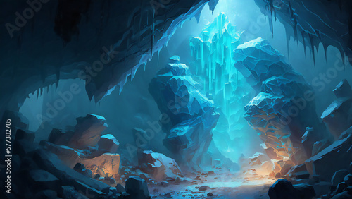 Fantasy world, cave, game background, RPG, digital illustration, AI generated