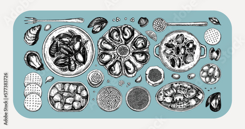 Seafood buffet illustrations collection in collage style. Hand drawn shellfish - mussels, oyster, shrimps, caviar, canned fish canape sketches. Mediterranean cuisine, restaurant menu, finger food part
