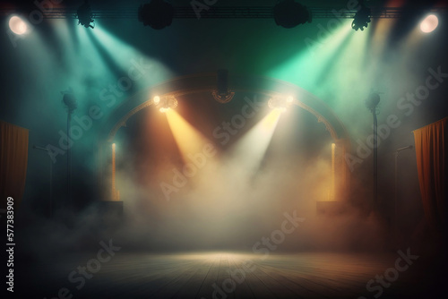 Music or theater stage illuminated with colored halogen lights. Strong spotlight with smoky room. Empty concert hall. A template for displaying a graphic or product. Generative AI.