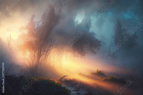 The rising sun on a meadow in the forest breaks through a thick fog. Outline and silhouettes of trees. Sunrise with colorful landscape. Seasonal background. Countryside view. Generative AI.