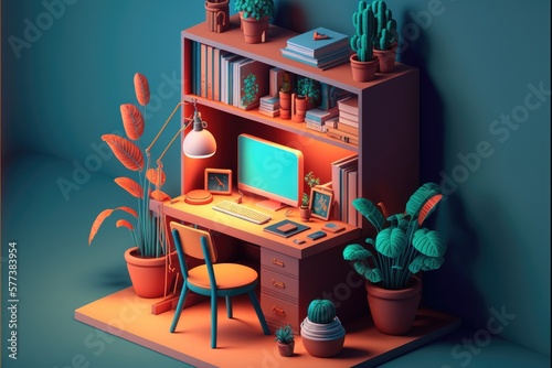 Working space with computer  bookshelf  lamp and potted plants. 3D rendering