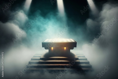 Podium illuminated by colorful spotlights. A stage for displaying or presenting a product. Around the smoke, thick fog hovering over the floor. Textured background. Generative AI.