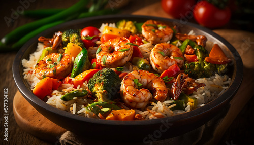 Asian dish with shrimps. Fresh seafood with rice and vegetables. Close-up of a plate with delicious food. A dish served in a restaurant. Studio light. Ad illustration. Food style photo. Generative AI.