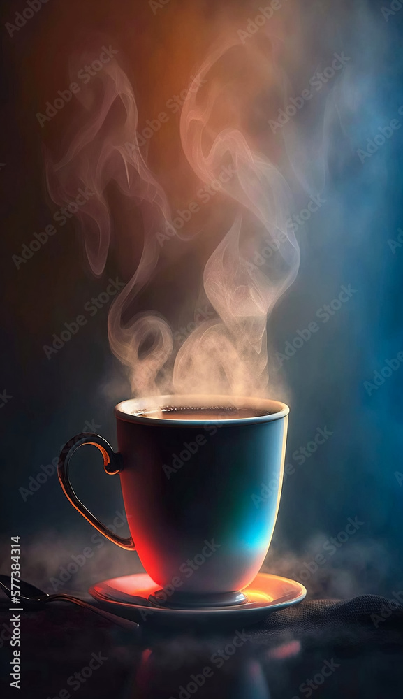 A hot and steaming drink in a vertical shot. Close-up of coffee or tea. Colorful light in the background. Cafe or restaurant advertising illustration. Studio and atmospheric shot. Generative AI. A hot and steaming drink in a vertical shot. Close-up of coffee or tea. Colorful light in the background. Cafe or restaurant advertising illustration. Studio and atmospheric shot. Generative AI.