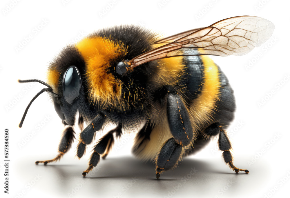 macro shot of honey bee isolated on white background. Closeup of bee insect. Generative AI macro shot of honey bee isolated on white background. Closeup of bee insect. Generative AI