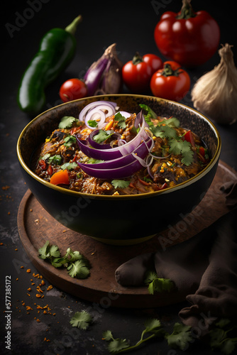 Bowl of Baingan Bharta with its smoky, charred flavor, the creamy texture of the mashed eggplant. Tomatoes and onions and the vibrant colors of the spices used in the dish. Food style. Generative AI. photo