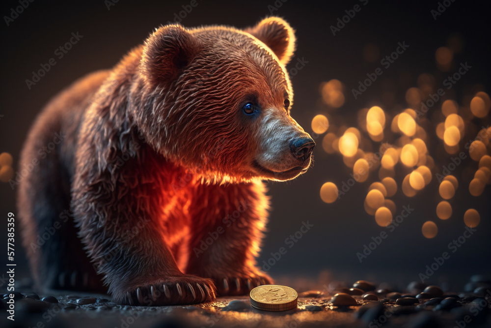 Bear playing with the Bitcoin on a dark background, Bear market concept, Generative AI