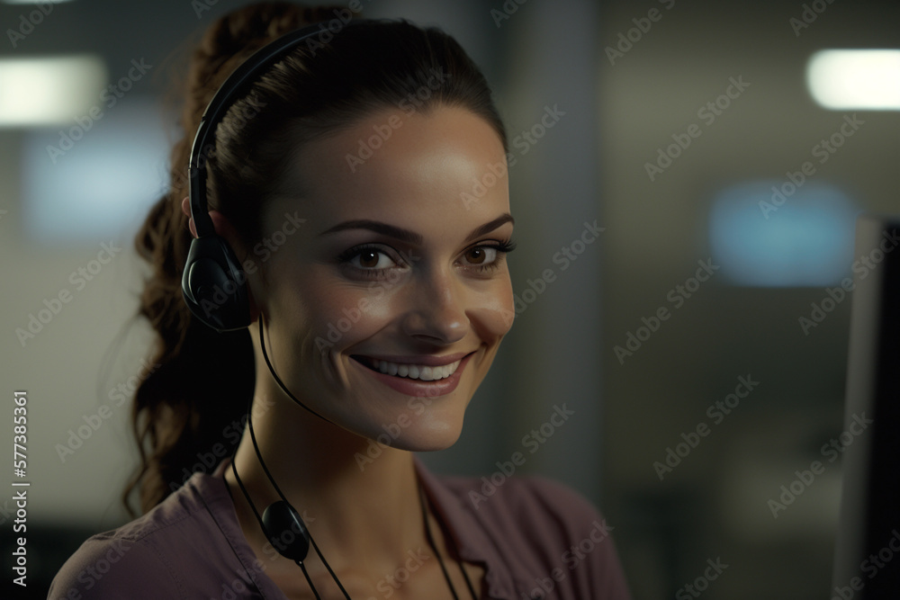 Closeup of a smiling woman with a headset on, working in a call center. Generative AI Closeup of a smiling woman with a headset on, working in a call center. Generative AI