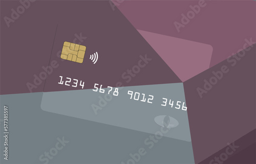 A colorful credit card or debit card that is generic is seen on a correspondingly colorful background in a vector image.