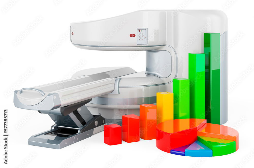 Open Rmi Machien Drawing Open MRI Machine with growth bar graph and pie chart. 3D rendering ...