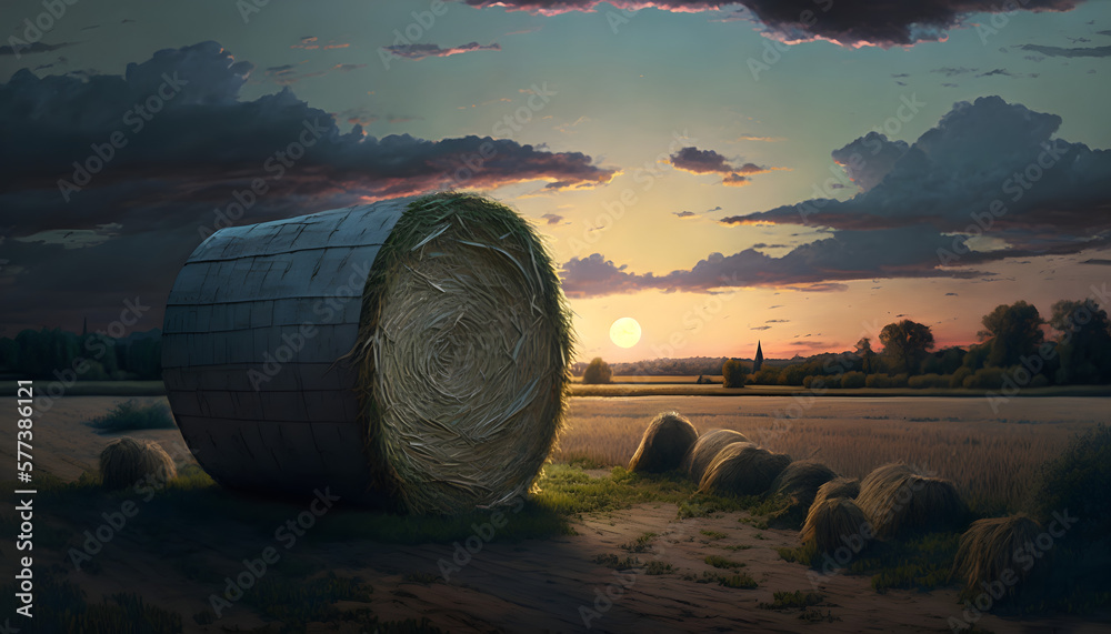 Oil painted farm with hay. Generative AI