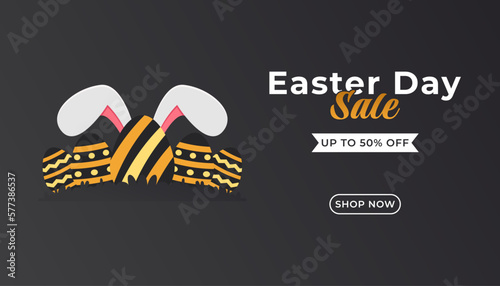Easter Day banner sale with Eggs and Bunny Ears on Black Background