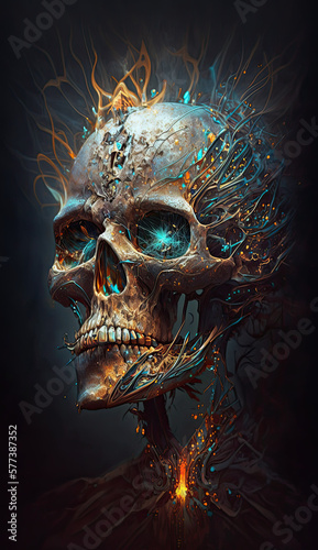Intricate Skull Halo and Malachite Rust Flakes with Rustic Mandala created using generative ai