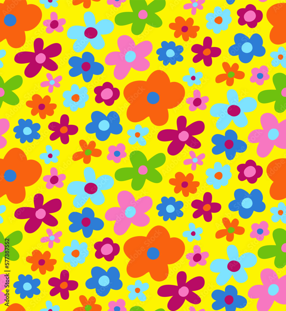 Abstract Hand Drawing Multi Color Simple Cute Ditsy Daisy Mix Flowers Seamless Vector Pattern Isolated Background