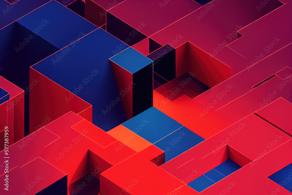 Ravishing isometric architectural design, labyrinth of red and blue geometric blocks in seamless intricate pattern like maze. Geometry and abstract art in modern dynamic background by Generative AI. - obrazy, fototapety, plakaty 
