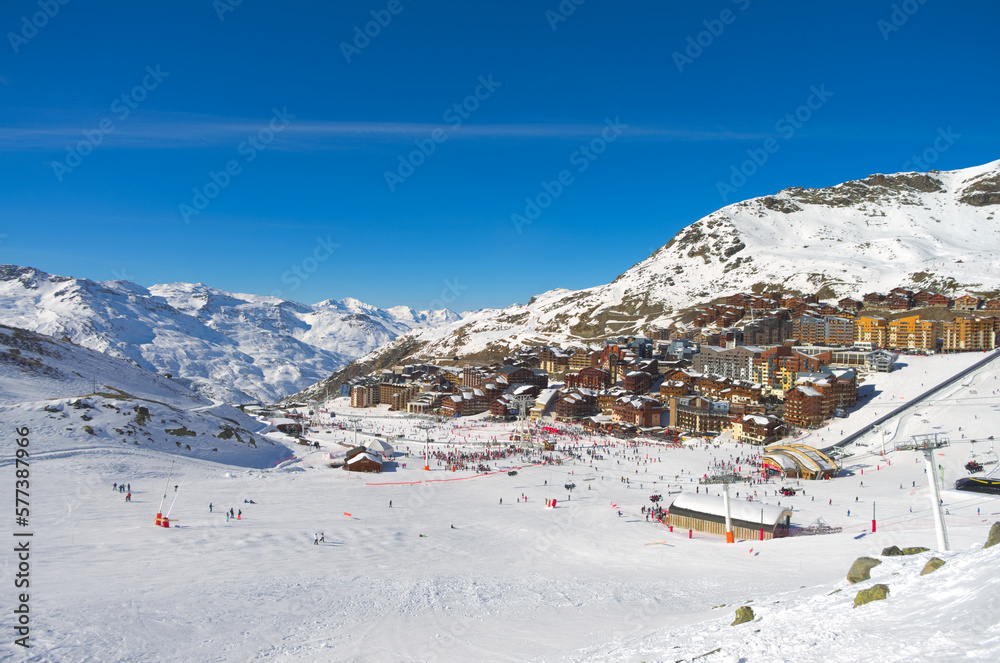 view of alpine ski mountain resort, Meribel, France