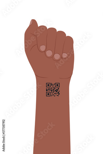 The hand with bent fingers and QR code tattoo on wrist. Chipping and control people, electronic admission, pass by code, exclisivity concept. Vector illustration.