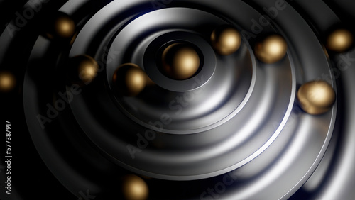 Gray delicate background with rolling balls. Design. Golden 3d balls walking through the maze made in cartoon animation.