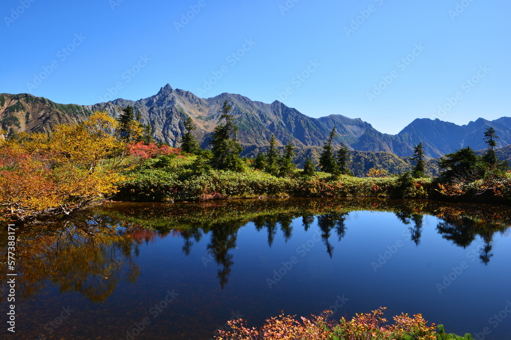 槍ヶ岳を眺望する紅葉の鏡池