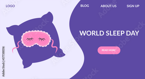 World Sleep Day website page concept. Landing page template with pillow and mask. Vector illustration.
