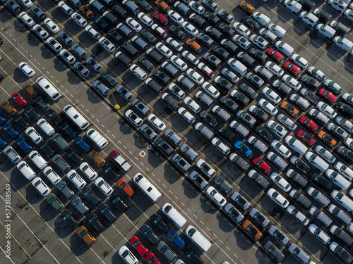 New cars parked in a parking lot in the port of Vigo to be loaded and shipped all over the world. Cars from the PSA factory in Vigo