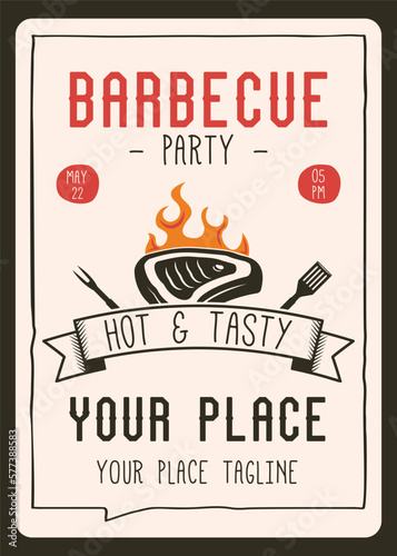 BBQ party flyer template with steak. BBQ grill card for social media marketing. Barbecue post design. Stock vector poster