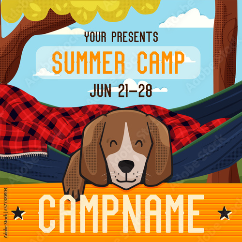 Adveture Summer Camp Social media post template with sleeping dog and landcsape. Classic camping invitation card design. Stock vector poster graphics