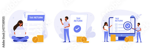 Tax declaration illustration set. Accountant appointment, filing the taxes, money refund abstract metaphor. Characters preparing documents for tax return. Taxation concept. Vector illustration.