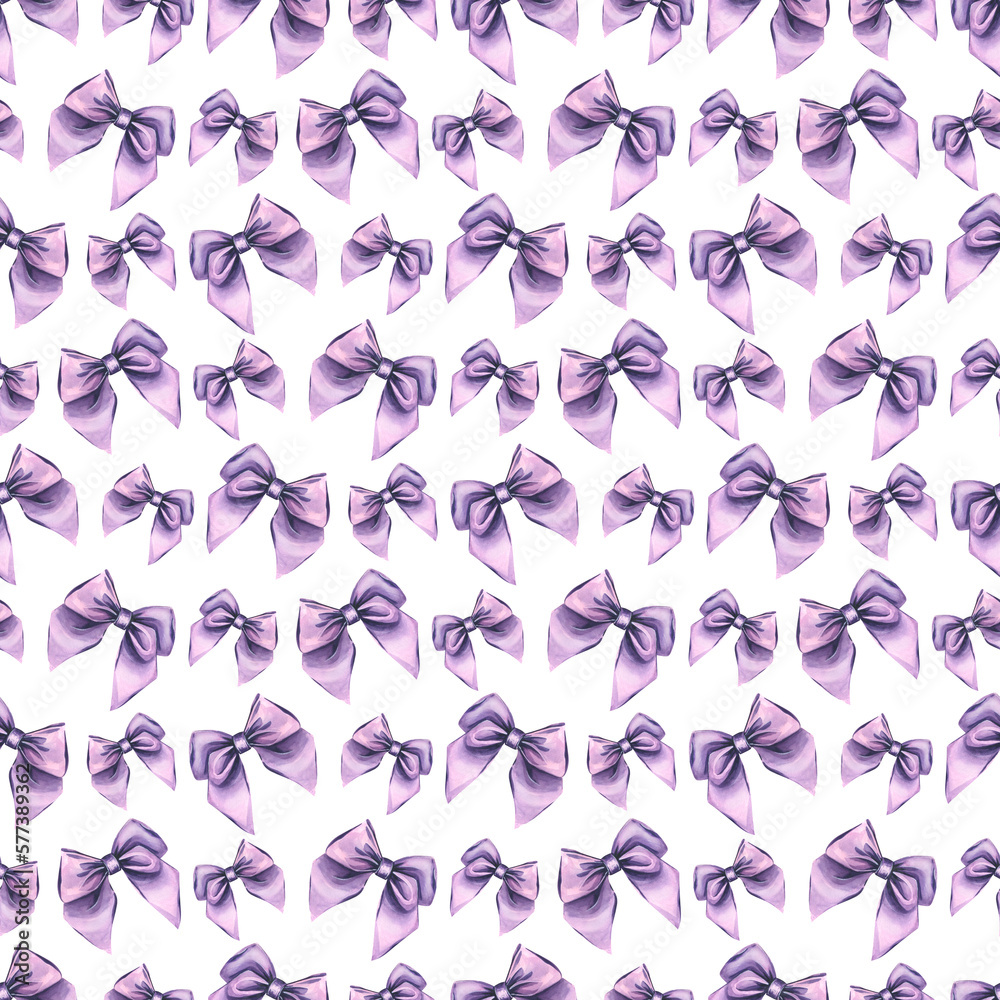 Lilac, satin bows on a white background. Watercolor illustration. Seamless pattern from the LAVENDER SPA collection. For decoration and design of fabrics, textiles, wallpaper, packaging paper Lilac, satin bows on a white background. Watercolor illustration. Seamless pattern from the LAVENDER SPA collection. For decoration and design of fabrics, textiles, wallpaper, packaging paper