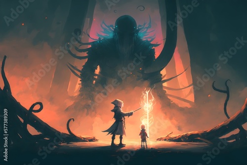 child with a glowing sword against a wizard, digital art style, illustration painting, Generative AI