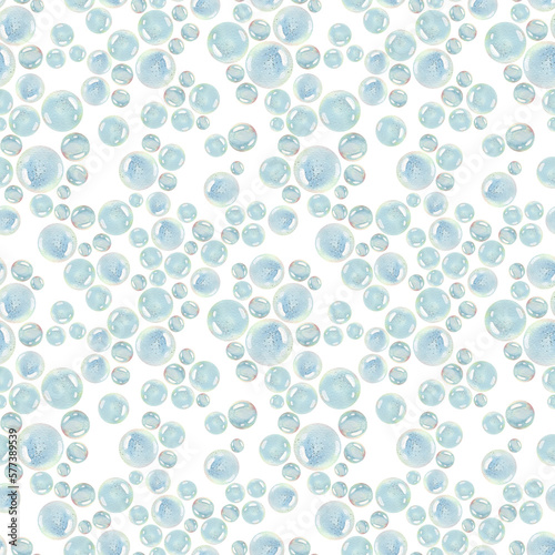 Cute blue water bubbles on a white background. Watercolor illustration. Seamless pattern from SEA FISHING collection. For fabric, textile, wallpaper, packaging, paper, scrapbooking, design.