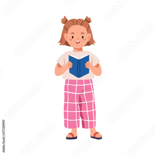 Cute girl reading aloud. Happy child reader with book in hands. Kid character studying, holding textbook, notebook. Elementary education concept. Flat vector illustration isolated on white background