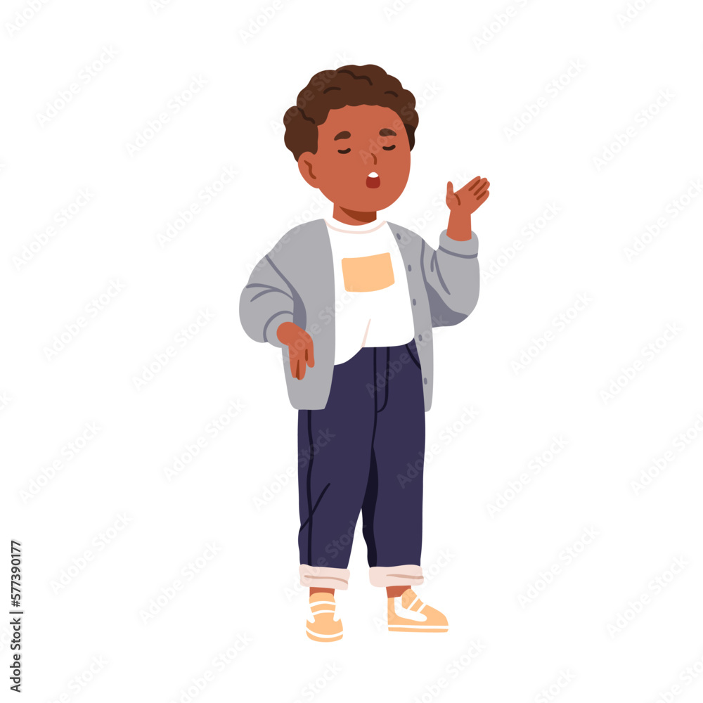 Cute little boy singing. Black kid singer performing song. Elementary music student, African-American child vocalist character with vocal talent. Flat vector illustration isolated on white background