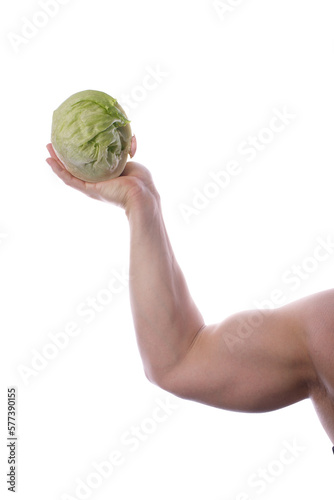 Strong fit muscular male holding an iceberg lettuce high up in his hand transparent PNG