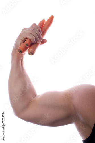 Strong fit muscular male holding carrots high up in his right hand transparent PNG
