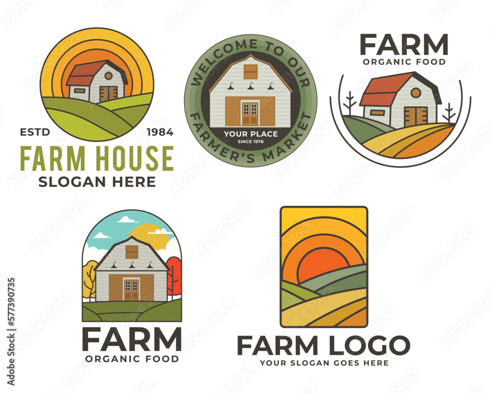 Farm Logos vector templates set with barn and farmer landscape. Locally grown badges design. Eco logotypes. Stock vector emblems isolated on white background