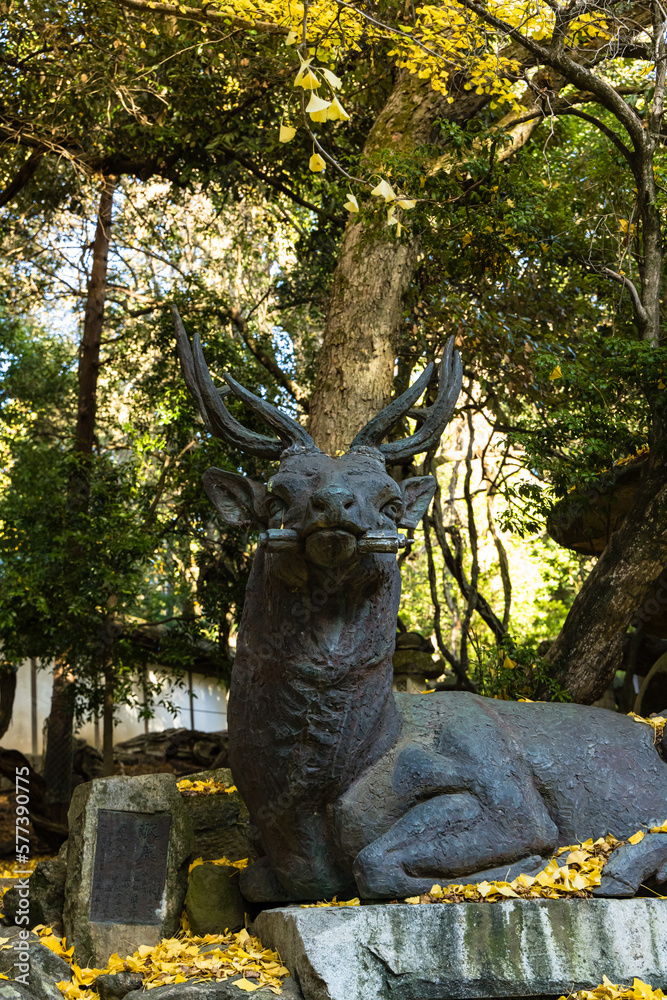 日本　奈良県奈良市の奈良公園内にある春日大社にある鹿の像と黄色に色づいた銀杏の葉