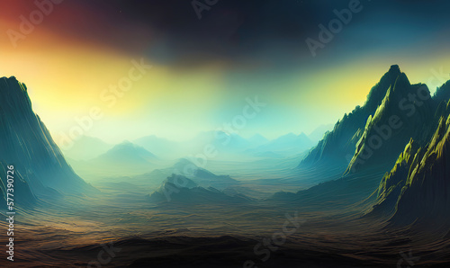 Landscape of an alien planet  3d illustration of fictional other worlds  in the universe  science fiction cosmic background. Generative Ai.